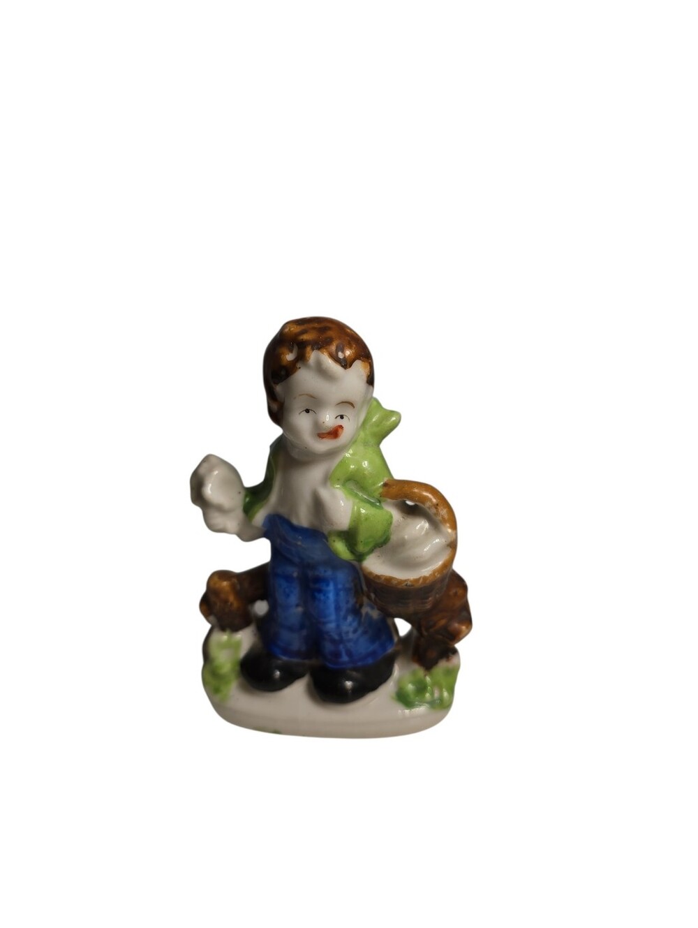 Vintage Porcelain Boy Figurine with Flower Basket Occupied Japan PAINT MISSING